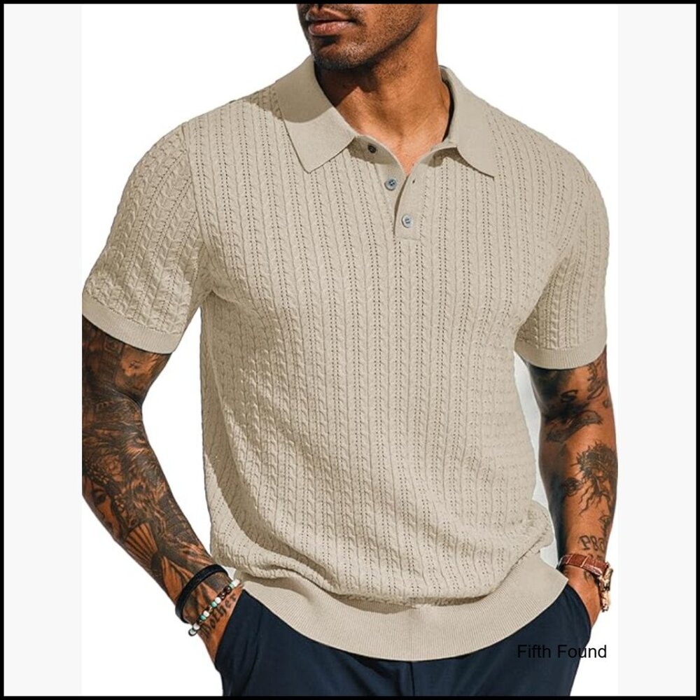 Men's Short Sleeve Knit Polo Shirt Hollow Out Texture Regular Fit